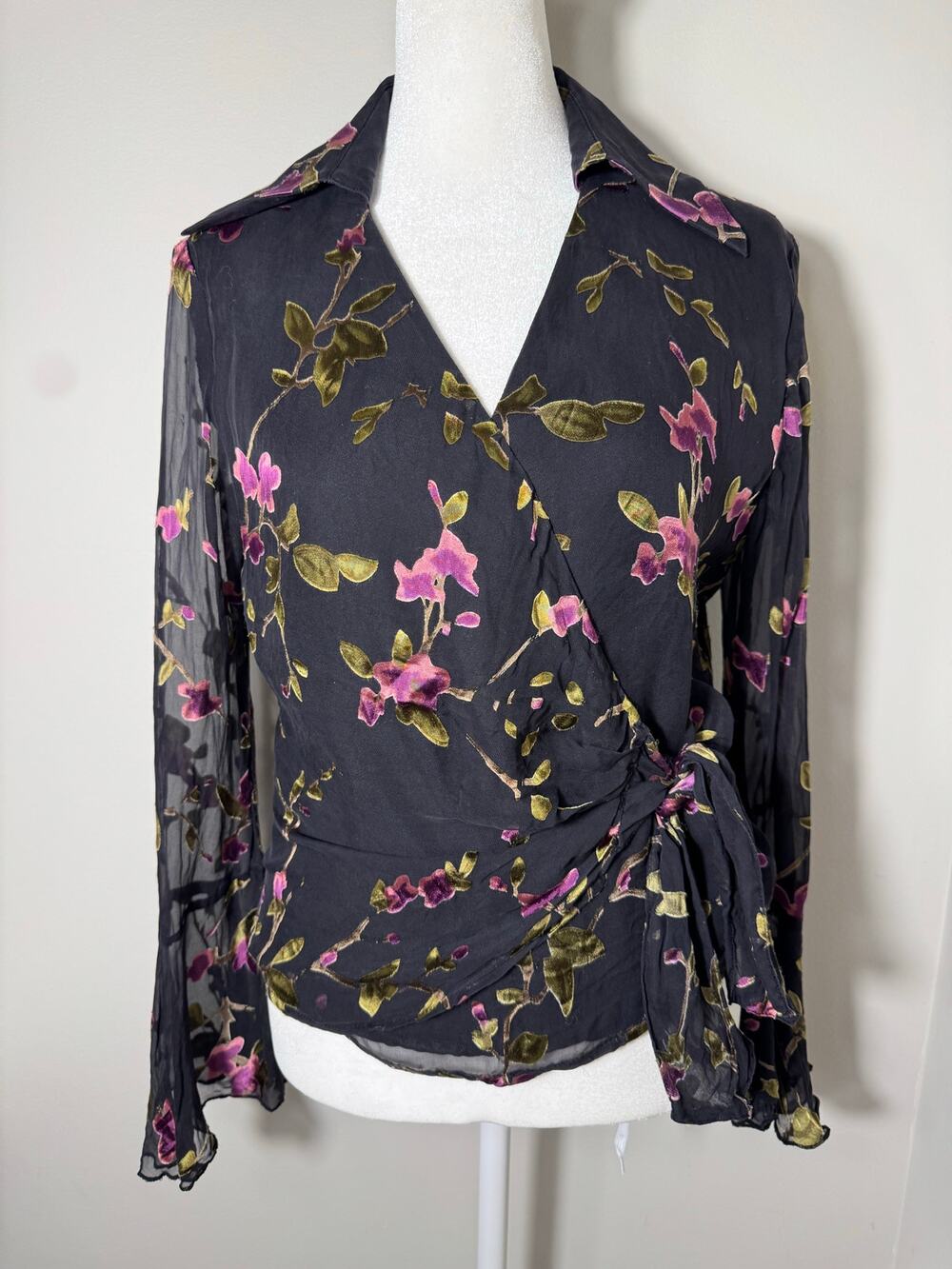 Vintage 90s Y2K Alexandra Bartlett Silk Wrap Blouse Flare Sleeve Small